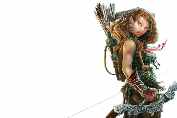 A red-haired elf warrior with a bow and a quiver of arrows