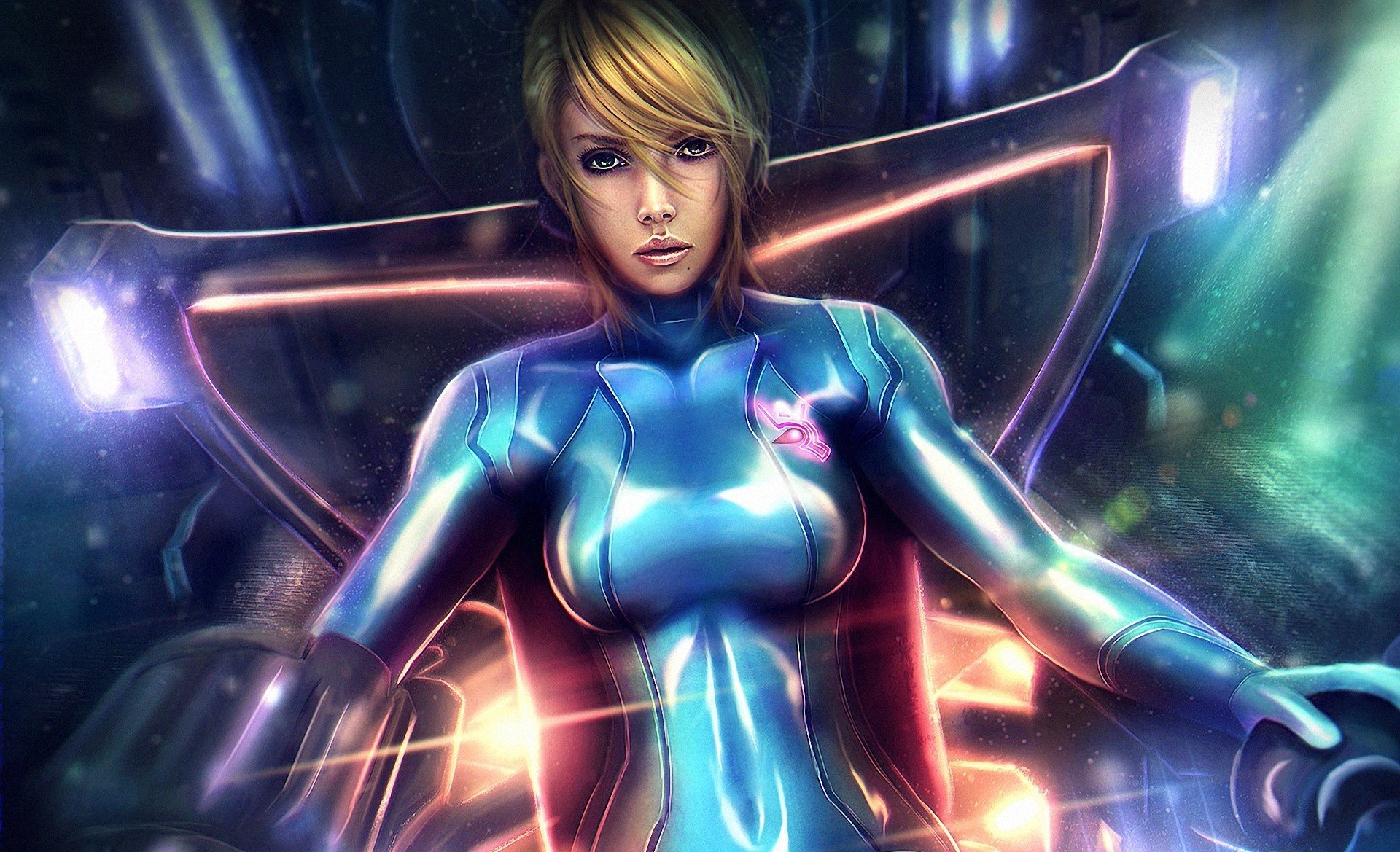 kunst mädchen sitzend anzug sessel hintergrundbeleuchtung metroid samus aran