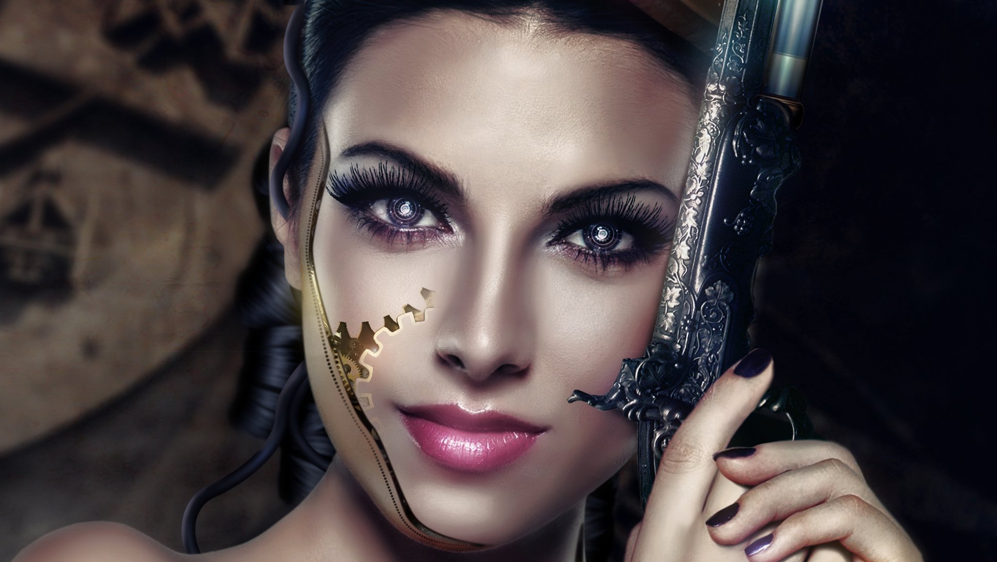 art fille cyborg vue yeux cheveux visage arme revolver motifs