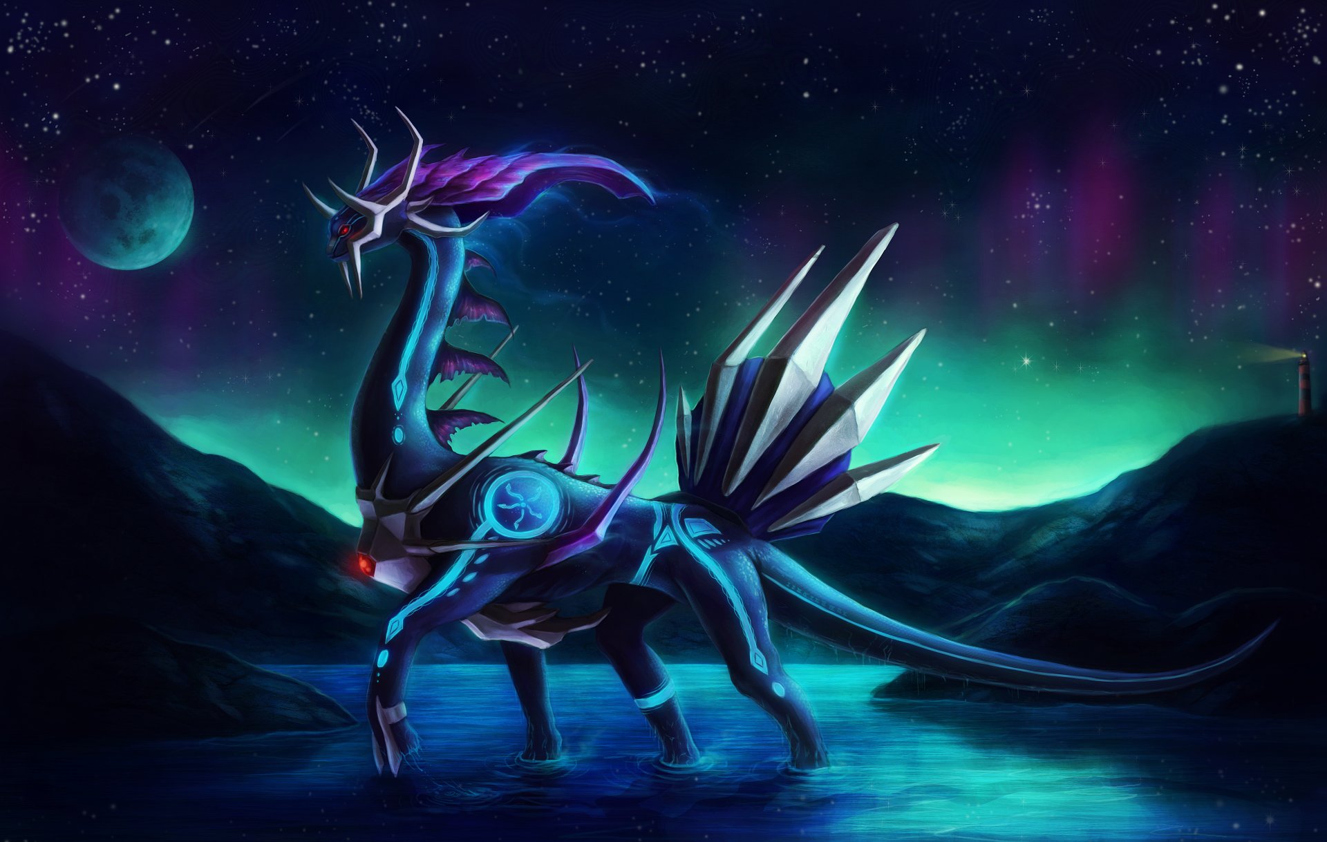 dialga fantasie tapete zeichnung drache mond sterne nordlicht glanz