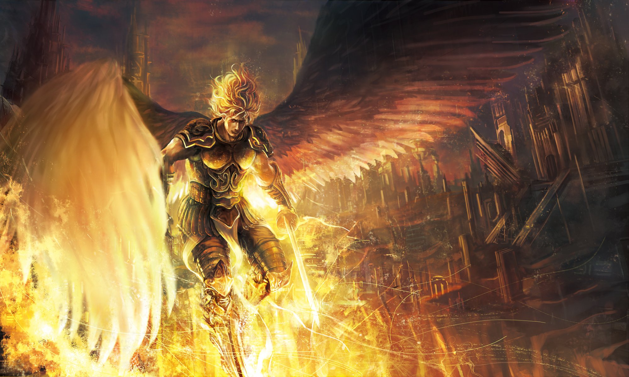 art takakyo guy wings angel sword weapon sky clouds town house armour