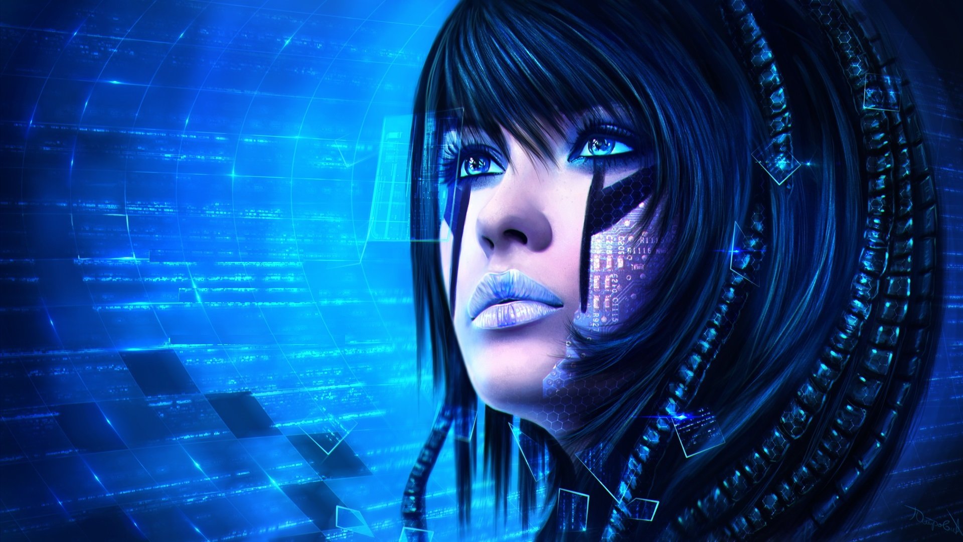 fiction art sci-fi girl face view technology