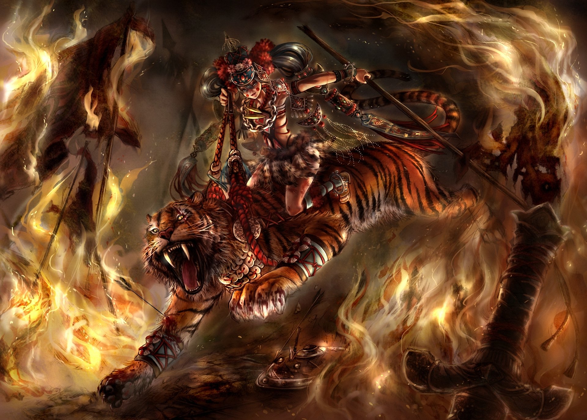 art tiger predator girl fire sword leather