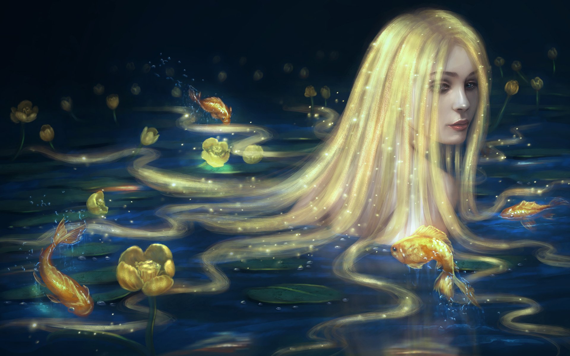 arte chica sirena pelo largo dorado mirada agua peces