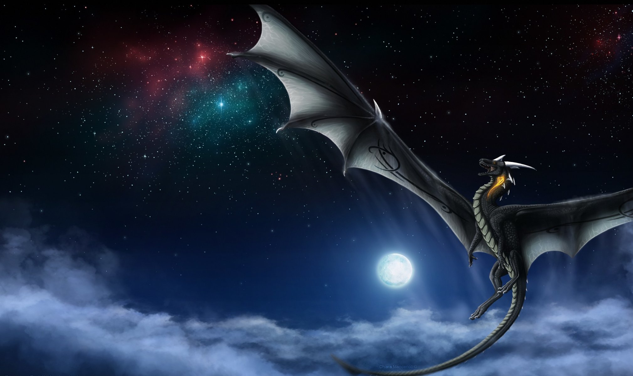 fiction dragon wings tail flight night sky star moon cloud