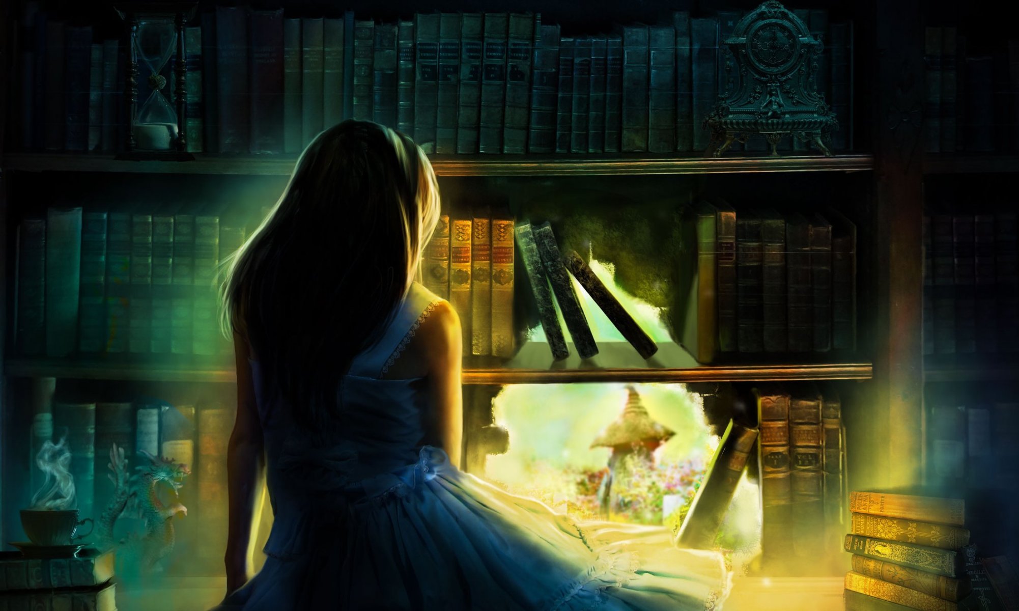 art girl spin hair shoulders blue dress bookcase books watches statue hourglass hole light