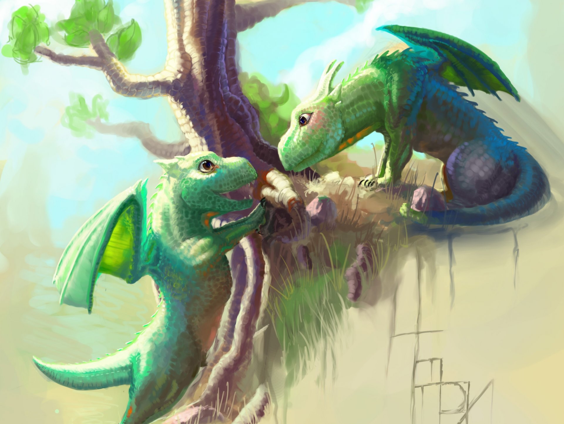 arte dragones niños pequeños colina árbol juego