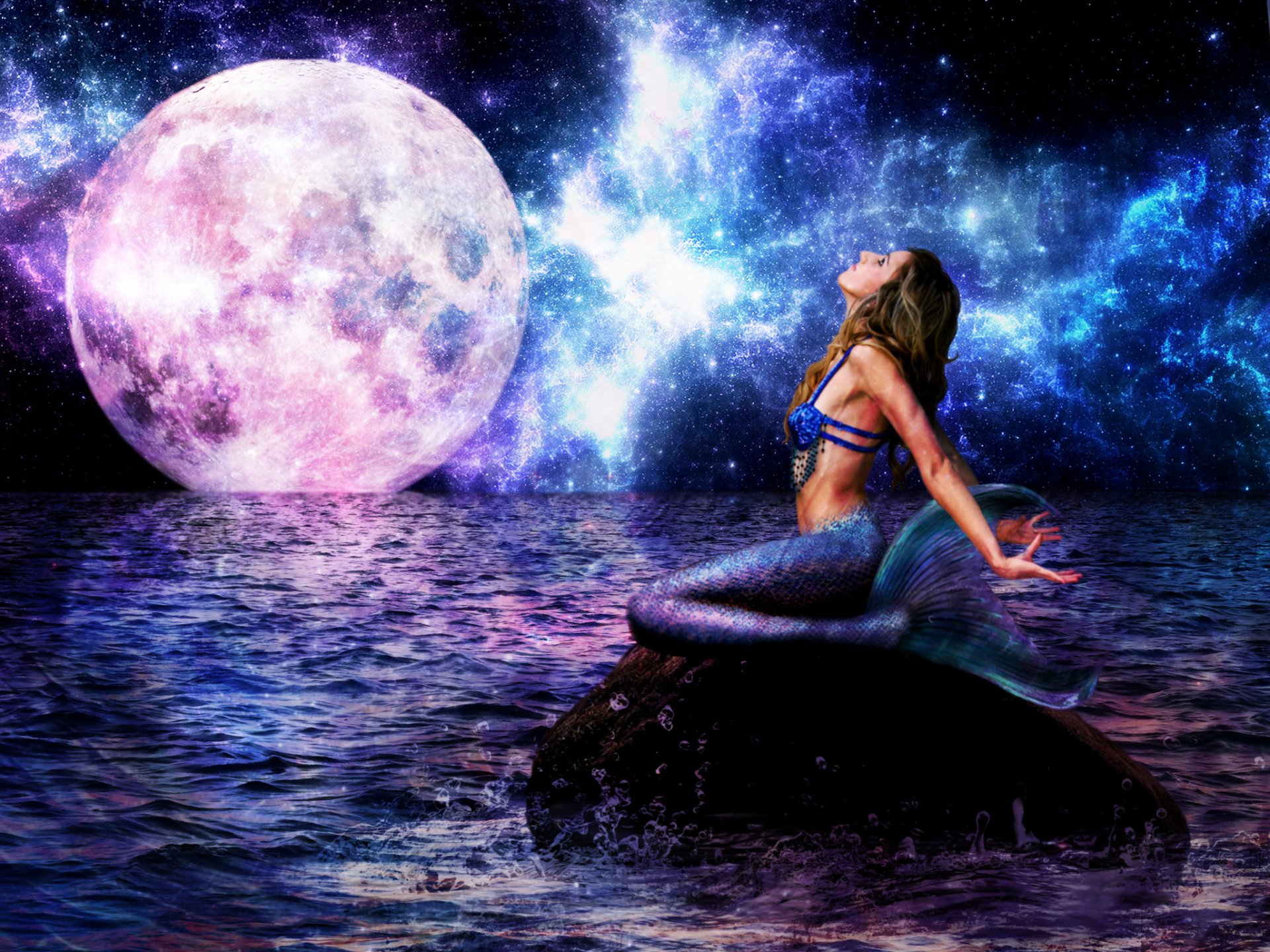 fantasia ragazza sirena coda vista mare onde notte grande luna