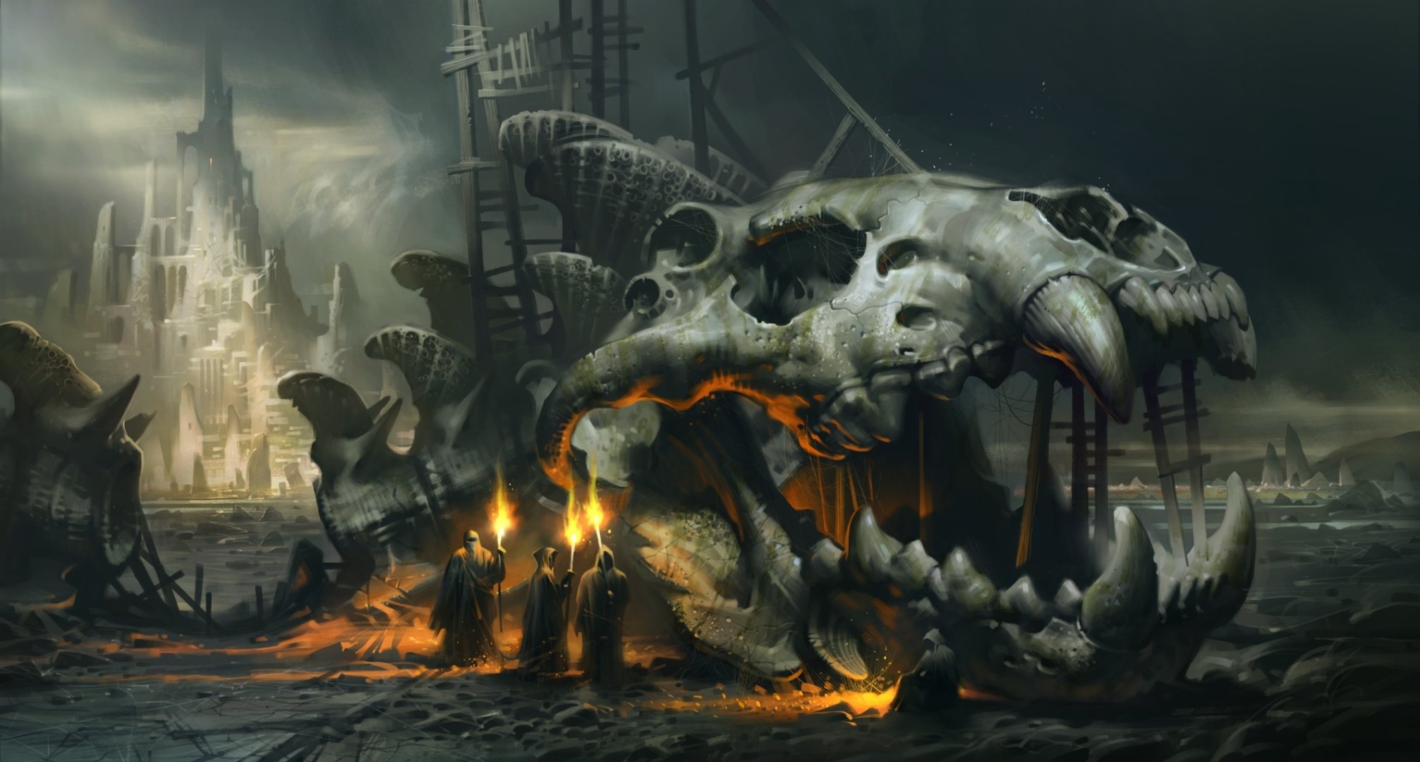 fiction skull giant fish skeleton fire torch monk