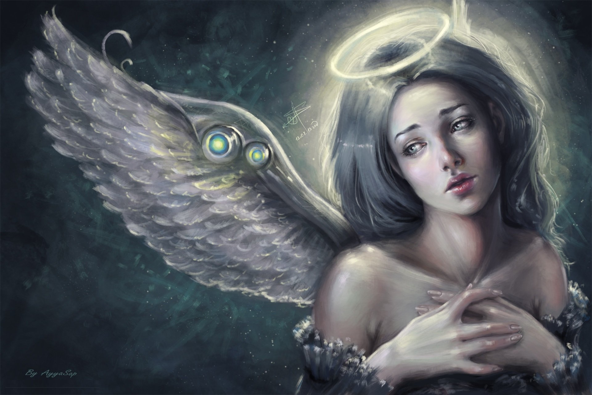 fantasía arte ángel chica cara mirada alas halo