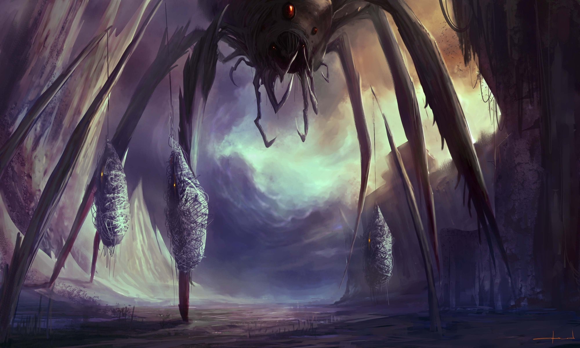 arte cloudminedesign araña gigante telaraña monstruo víctimas cautivos