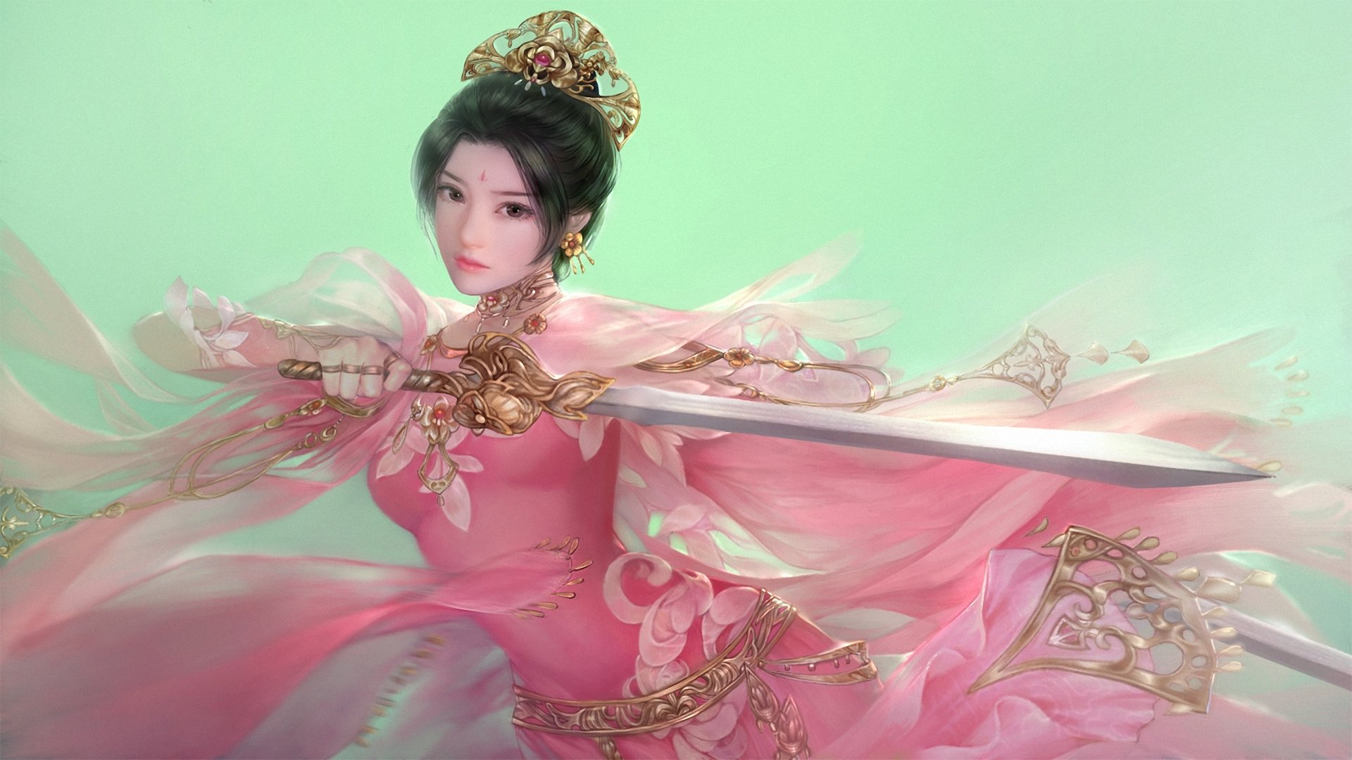 art fantasy fille épée arme en rose