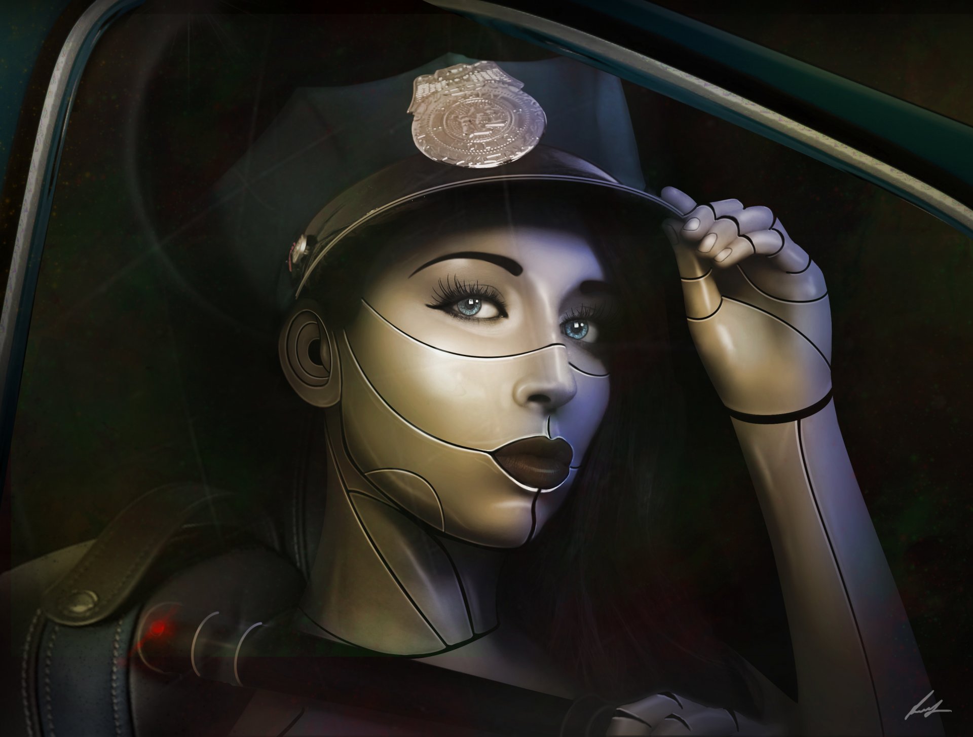 fiction art fille cyborg visage cils regard lèvres casquette police loi