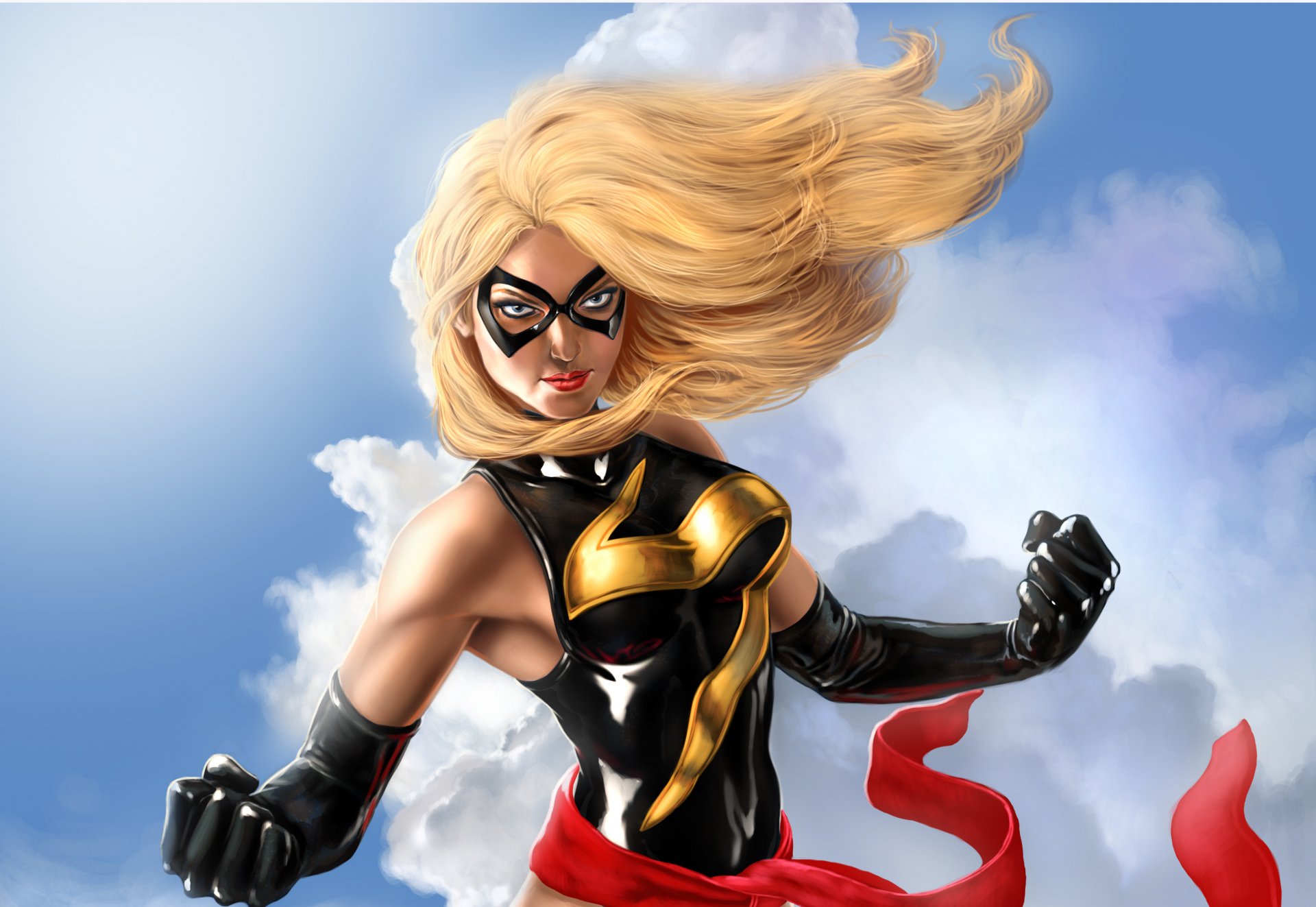 ms. marvel ms. marvel warbird uccello di guerra doppia stella binario arte fantascienza volo vista maschera costume cielo nuvole