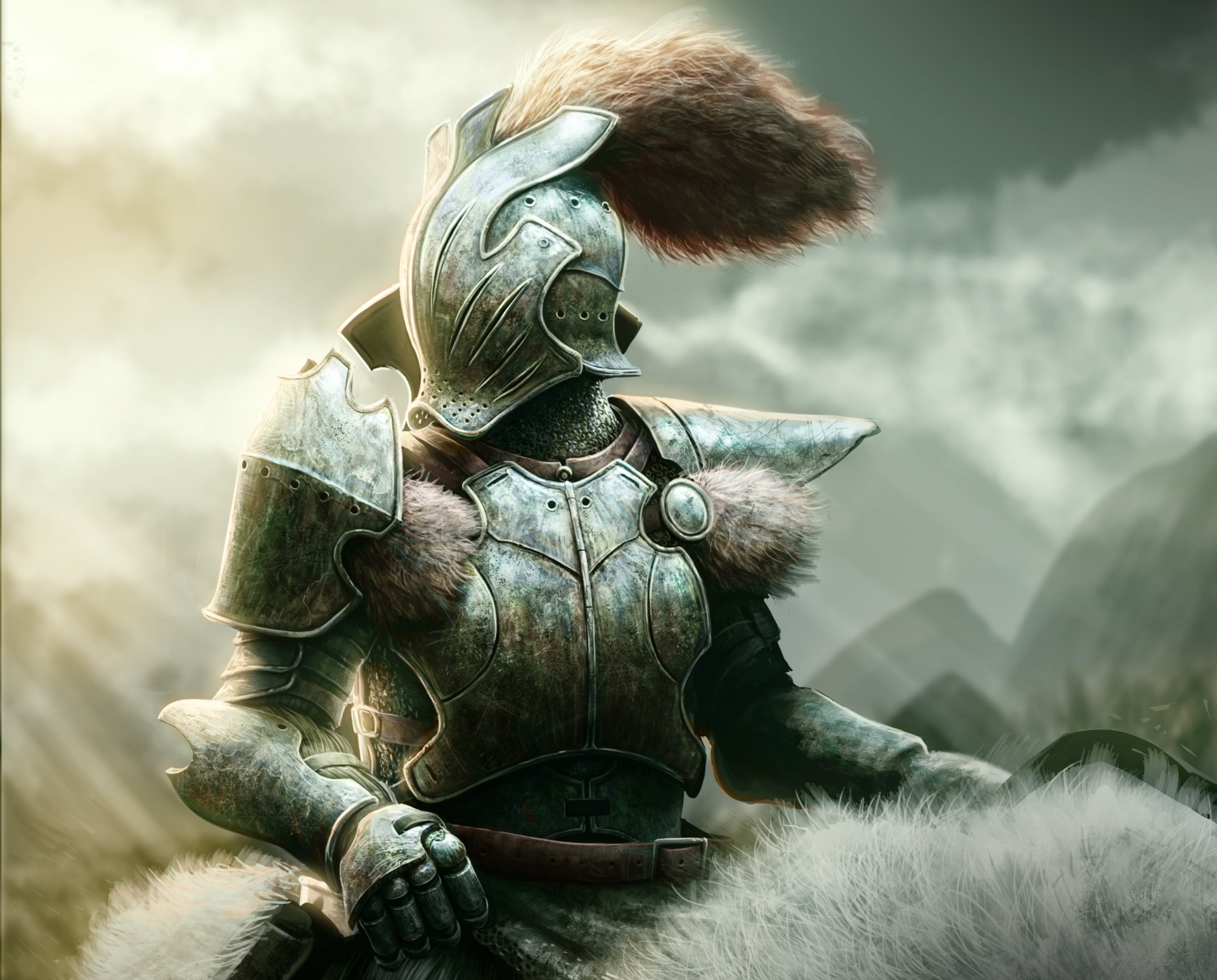 art warrior knight armor helmet tail fur