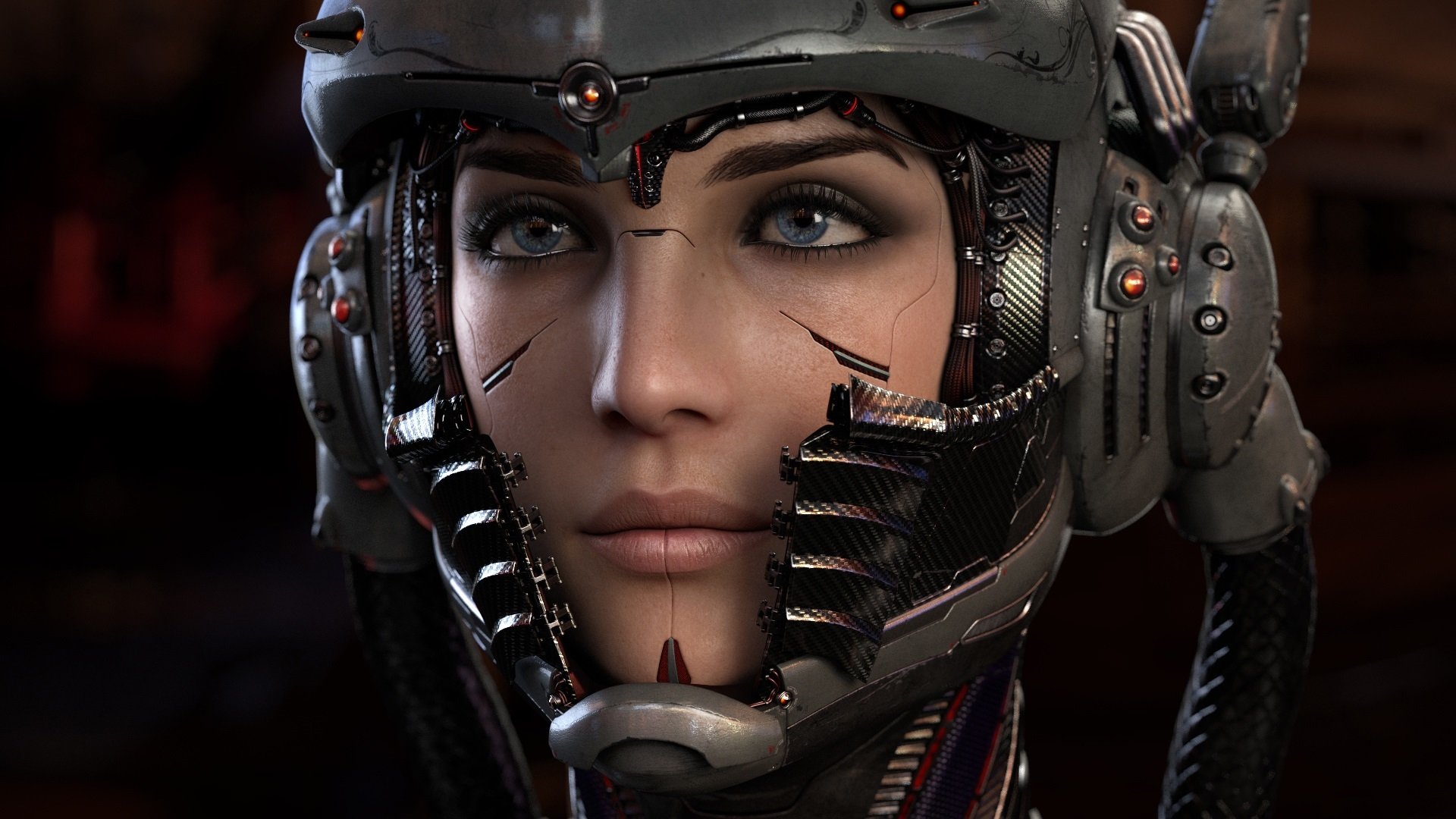 fantasie cyberpunk cyborg helm mädchen blick drähte