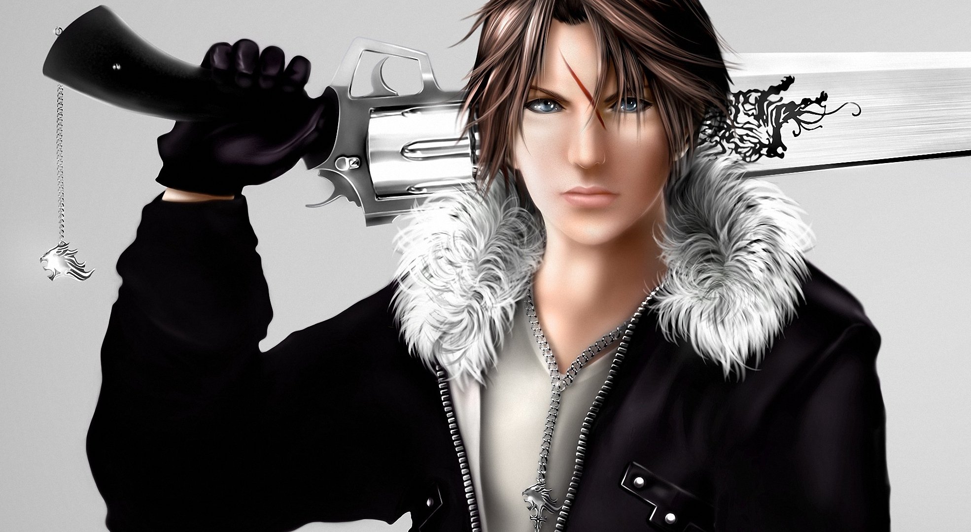 arte final fantasy viii squall leonhart ragazzo arma revolver cicatrice ciondolo catena giacca