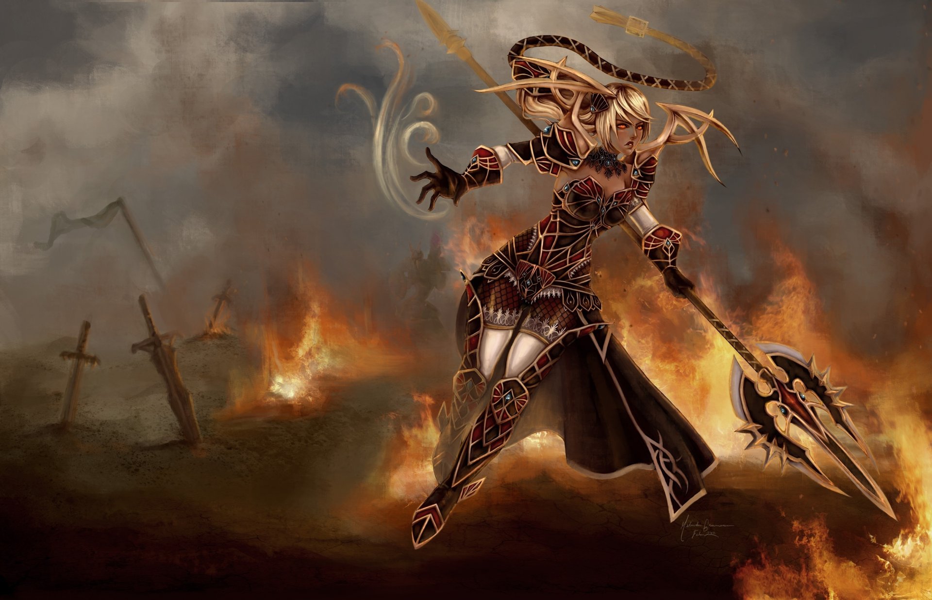 janna league of legends fiction art girl warrior armour weapon swords fire destruction