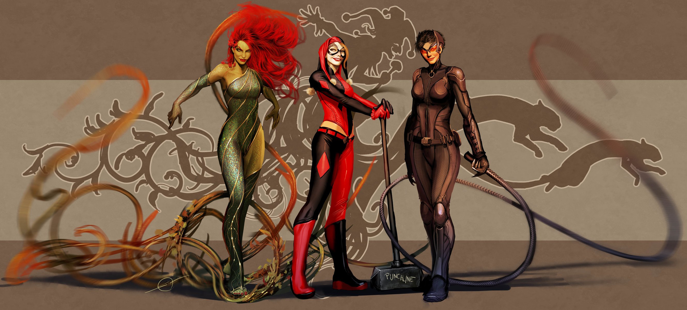 nebezial art dc comics catwoman selina kyle harley quinn poison ivy dr. pamela lillian isley