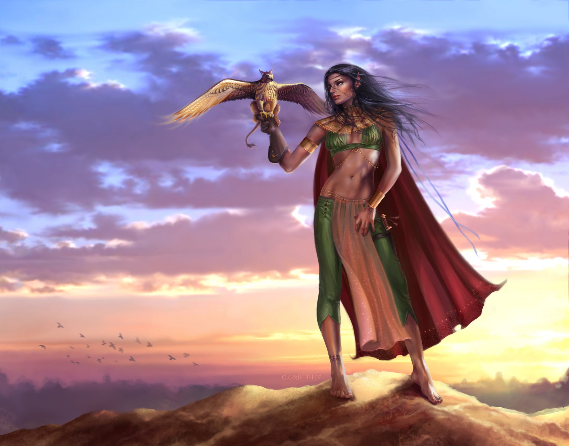 nasita gryphonlady debie kristin griffin quickreaver girl beauty elf sword creature birds sky clouds sunset rock fantasy art art griffin mythical creature weapon cloak rock peak