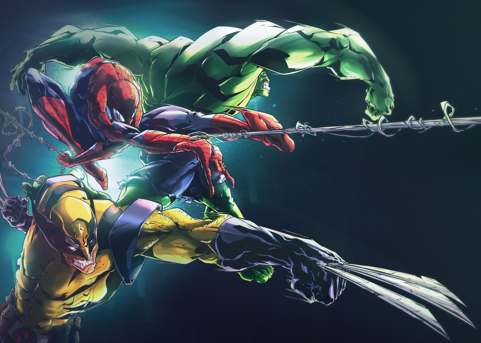 wolverine hulk spiderman spinnennetz kunst