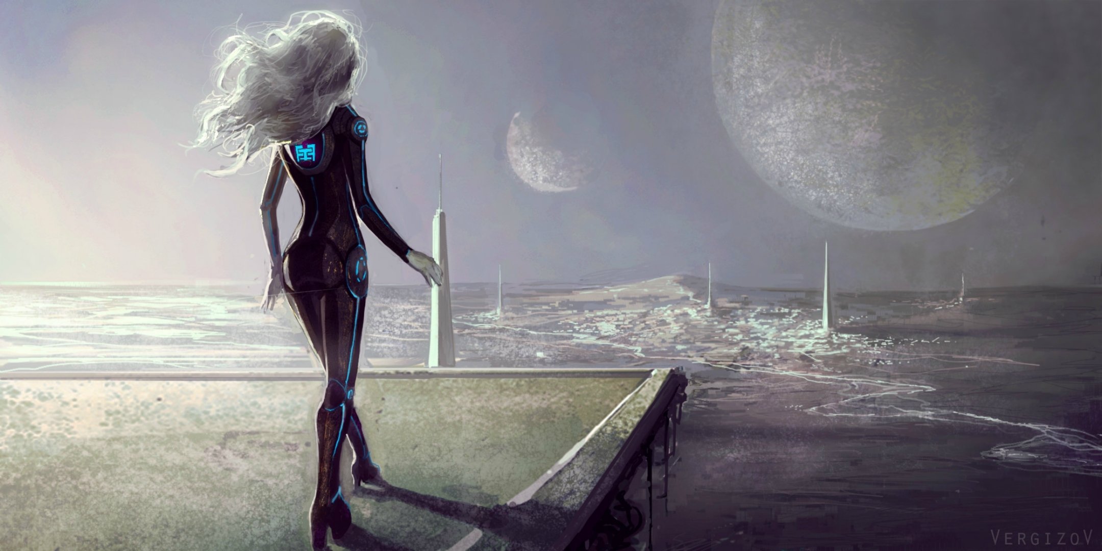 fiction art girl cyborg hair planet