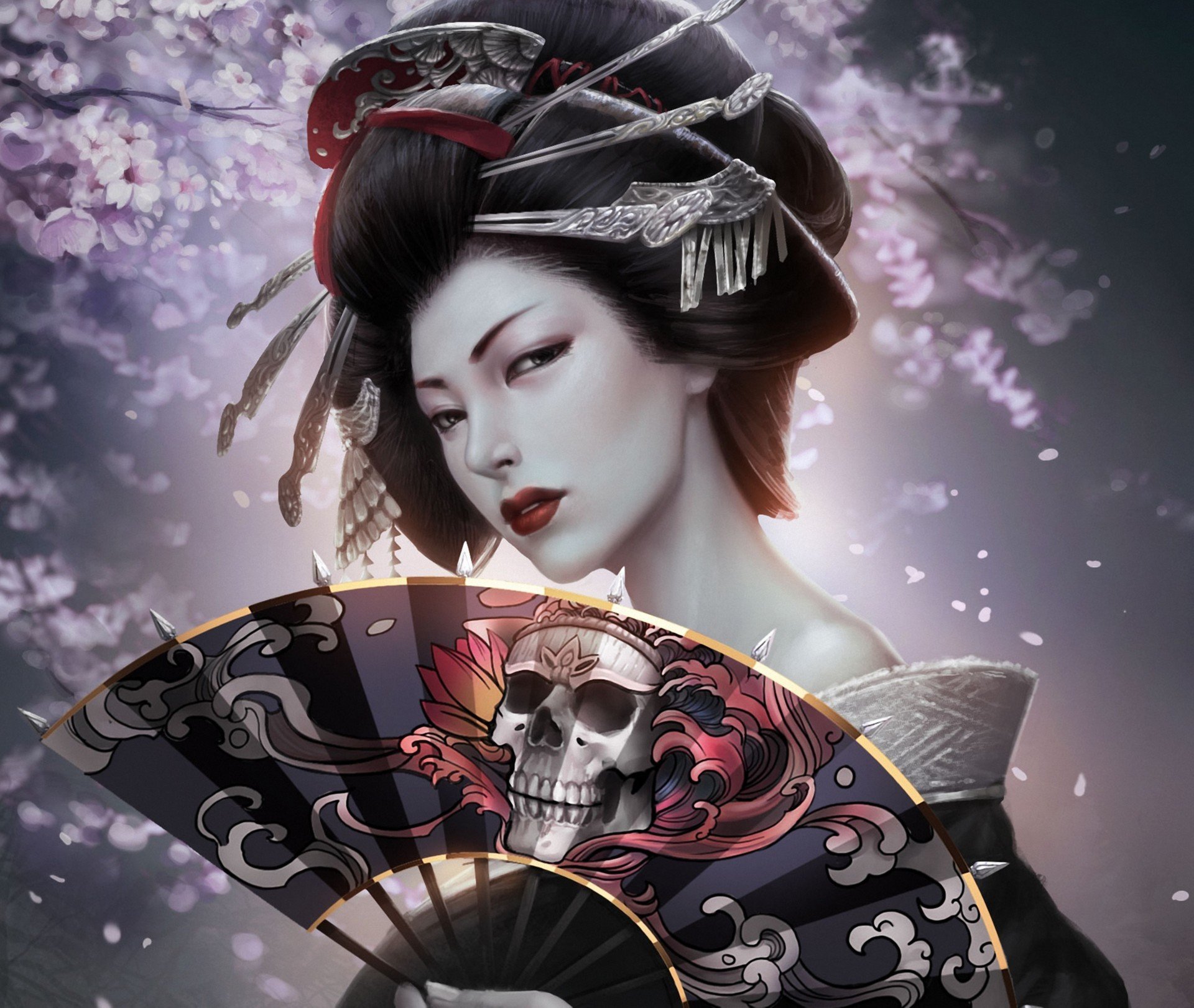 art kagero fille geisha kimono éventail crâne coifure épingles à cheveux sakura