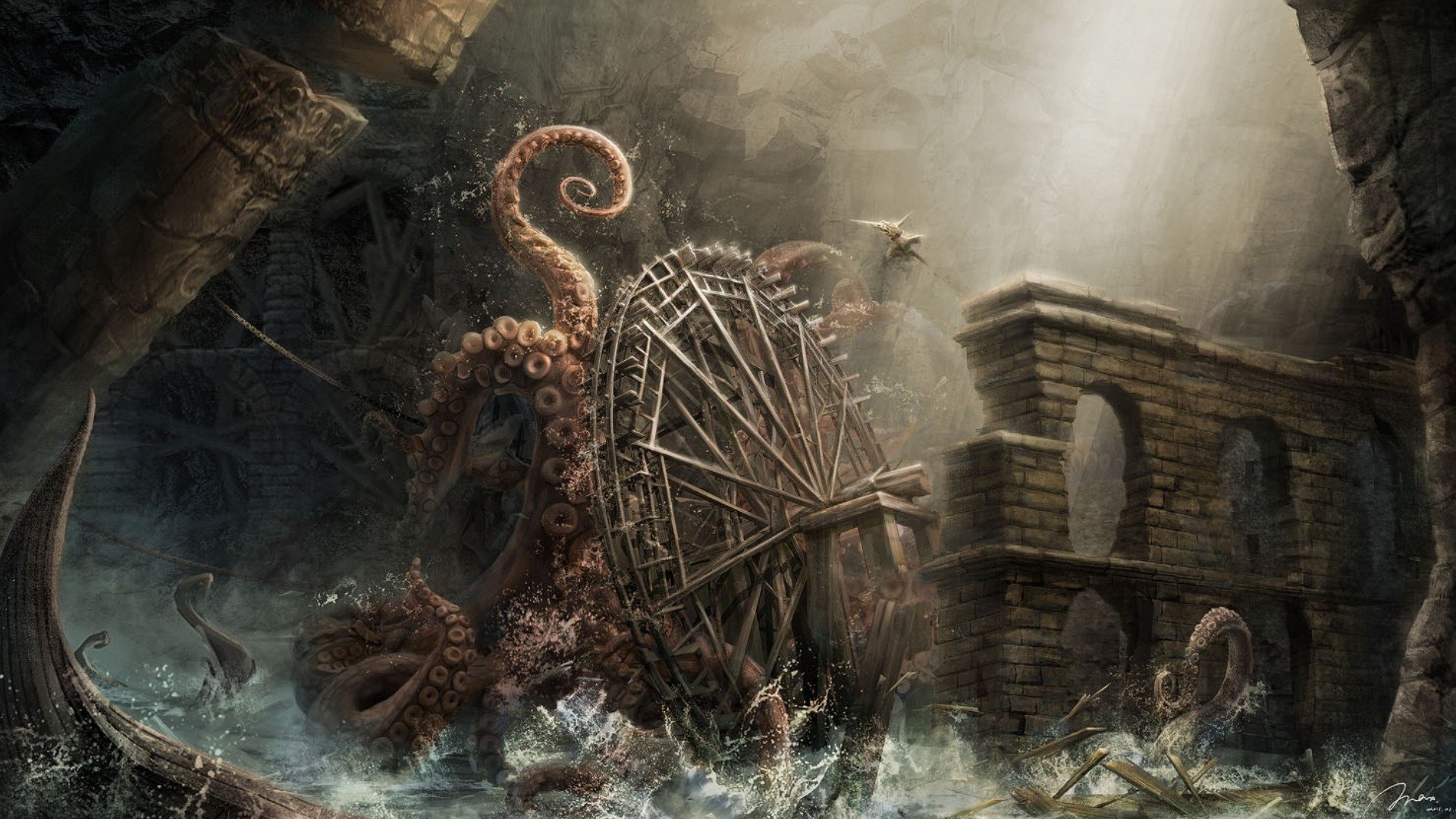 art roue monstre tentacules kraken poulpe arches