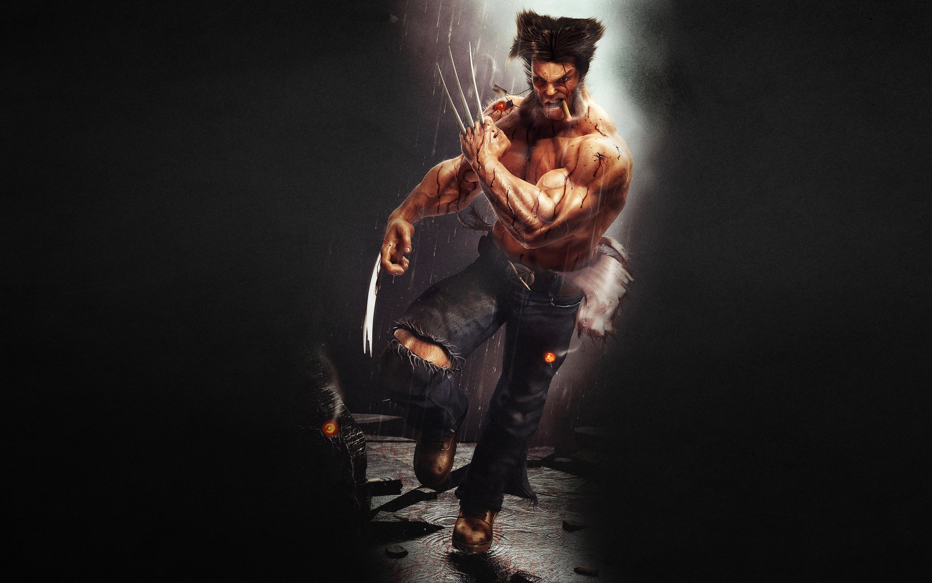 wolverine logan marvel comics x-men regen dunkler hintergrund laufen wütend zigarre krallen