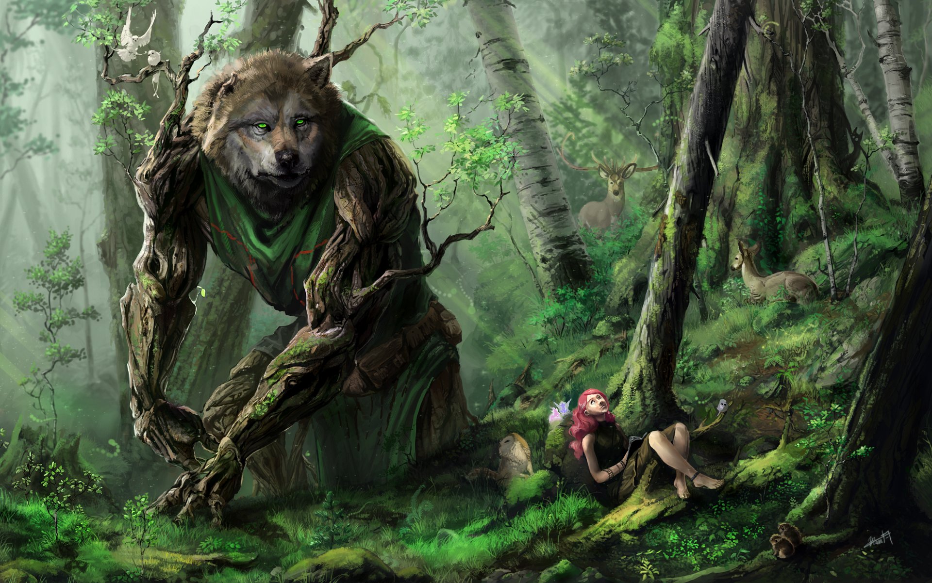 art forêt animaux loup arbres fille