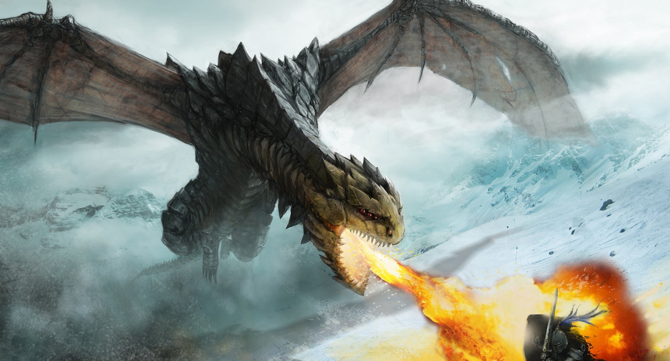 arte dragón fuego ataque furia montañas nieve guerrero armas defensa armadura