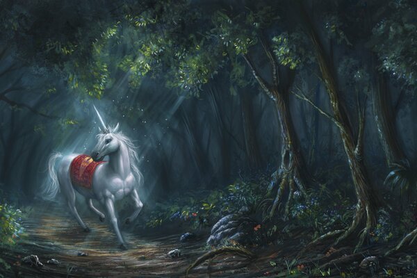 Forest white unicorn reflecting moonlight