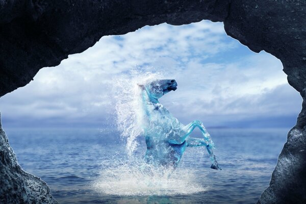 Océano, caballo azul del agua, roca