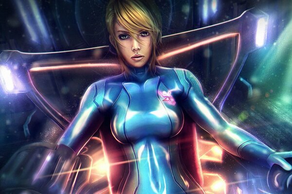 Art des Metroid-Spielcharakters Samus Aran im blauen Anzug