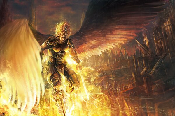 Art angel with fiery wings over the city