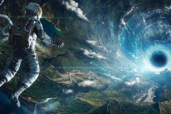 Космонавт смотрит на спираль, поглощающую Землю