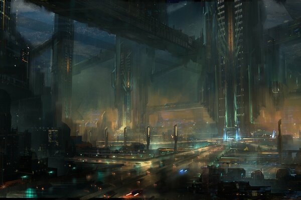 City night lights of the megalopolis of the future