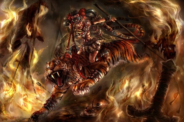 Fighting girl on a tiger rides through fire