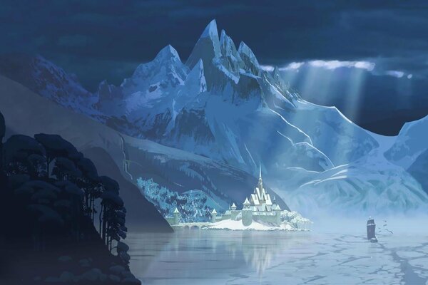Castillo de Disney en el hielo en las montañas