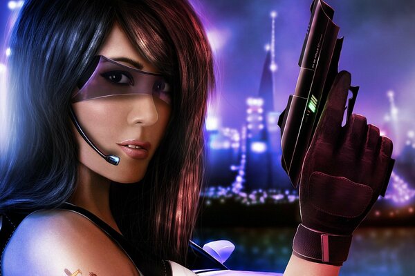 A girl with glasses with a gun in her hands against the background of a night city yes