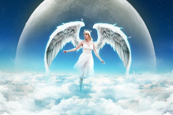 Angel girl with wings on the background of a white sphere flying above the clouds