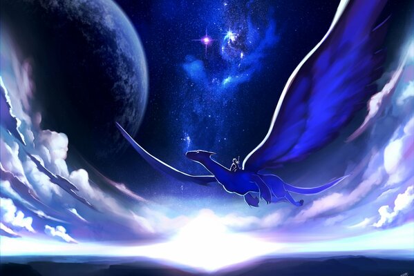 A dragon rider flying across the night sky