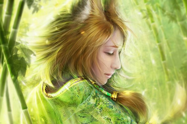 Beautiful fox girl in green kimono