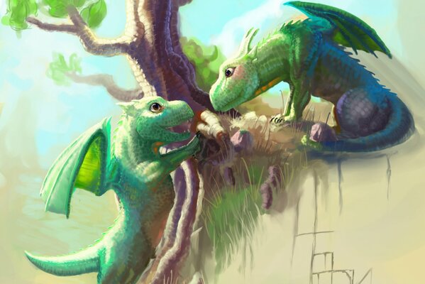 Green dragons play on a tree