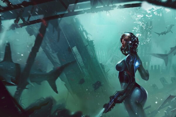 Девушка с оружием под водой с плавающими рядом акулами
