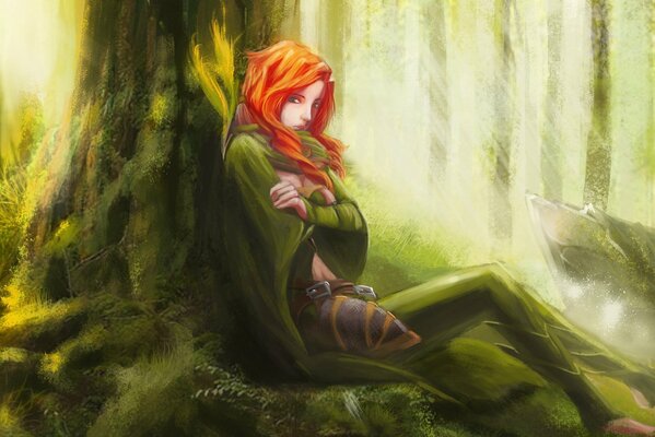 Red-haired girl in green by a tree