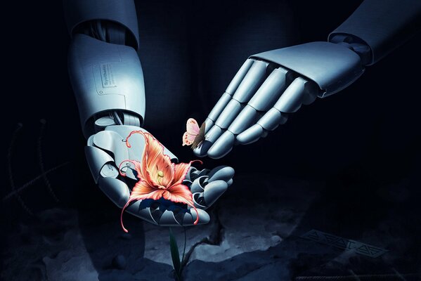 Руки робота держат оранжевый цветок