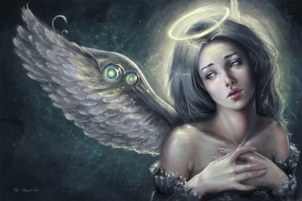 Obraz dziewczyny anioła ze skrzydłami i aureolą