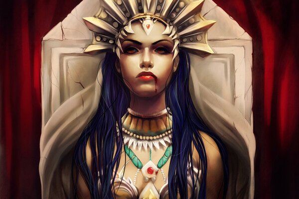 Рисунок Акаша, королева проклятых. В золотой короне на троне и струйкой крови стекающей с губ