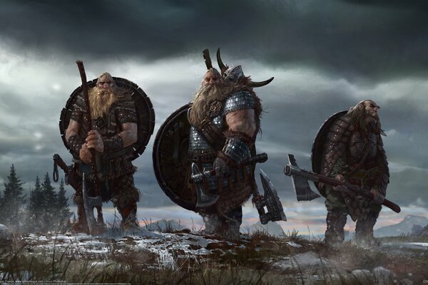 Leolas fargue, tres poderosos vikingos con munición de combate completa en una llanura cubierta de nieve